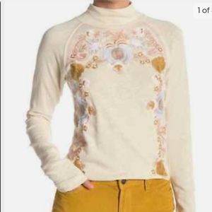Free People Disco Rose Cream Floral Appliqué Mock Neck Knit Long Sleeve XS